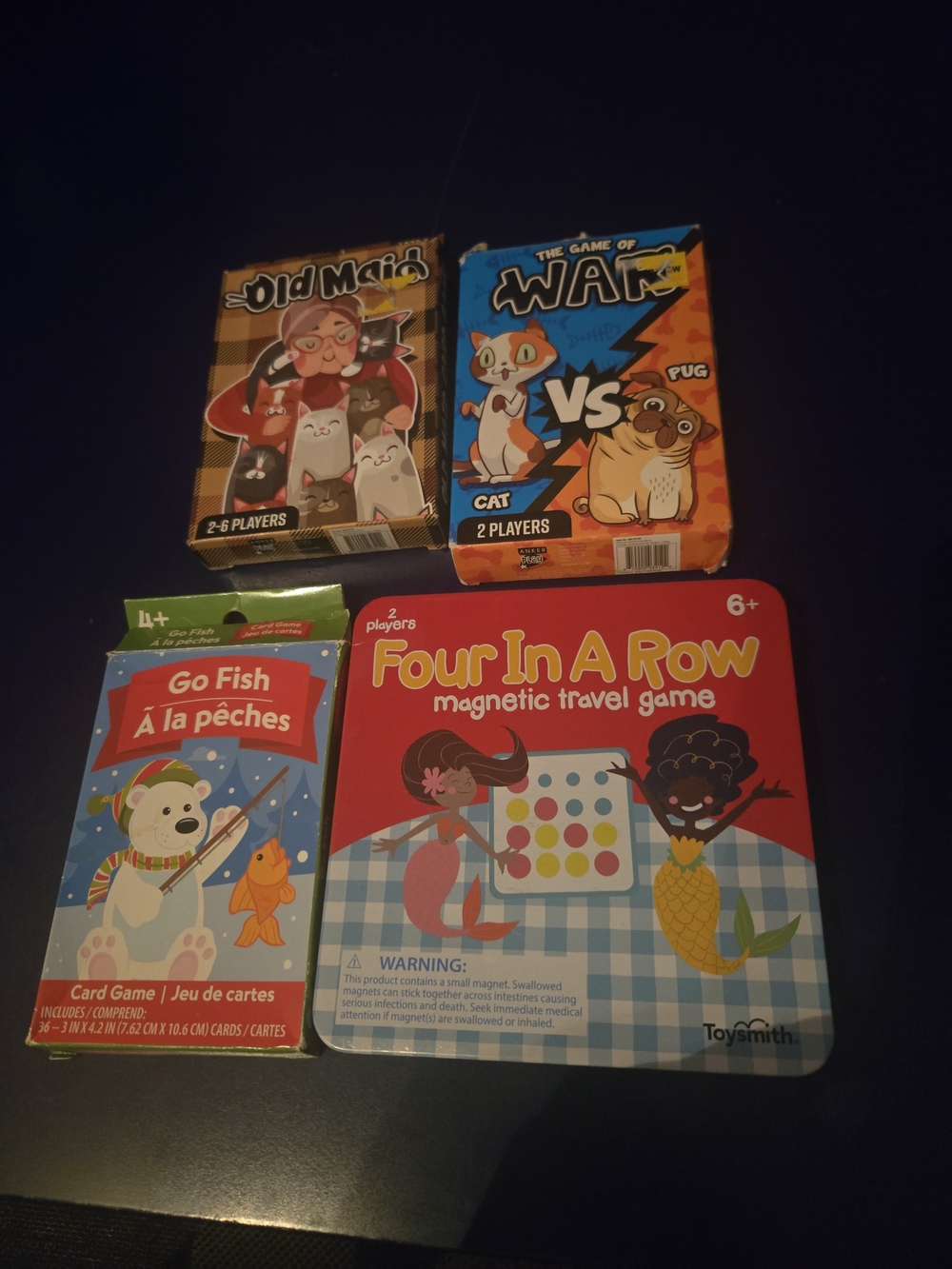 Bundle- Old MAID, WAR, Go Fish & Magnetic Four In A Row Games